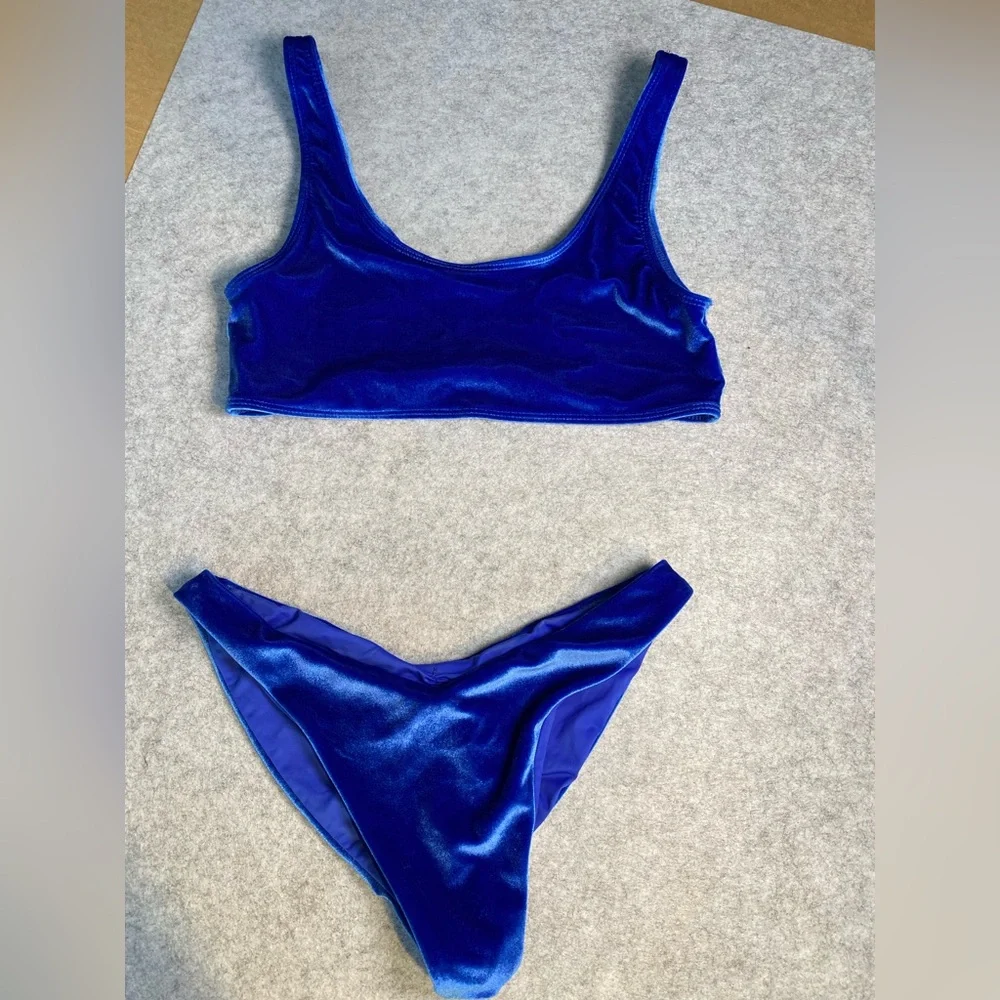 S04 Frankie’s Bikinis Blue Velour Swimsuit M
